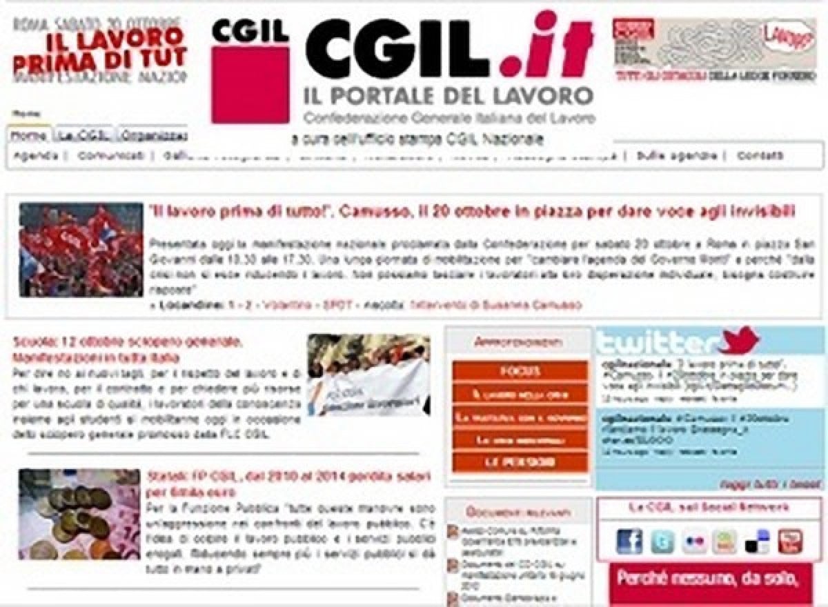 CGIL:"Il lavoro prima di tutto", indetta manifestazione a Roma il 20 ottobre