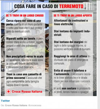 Terremoto: "lasciare libere strade e linee telefoniche". L'appello della Croce Rossa
